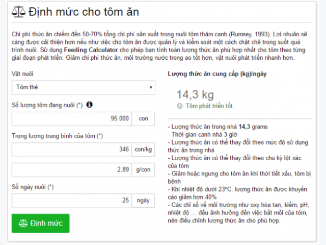 Feeding Calculator - Định mức cho tôm ăn