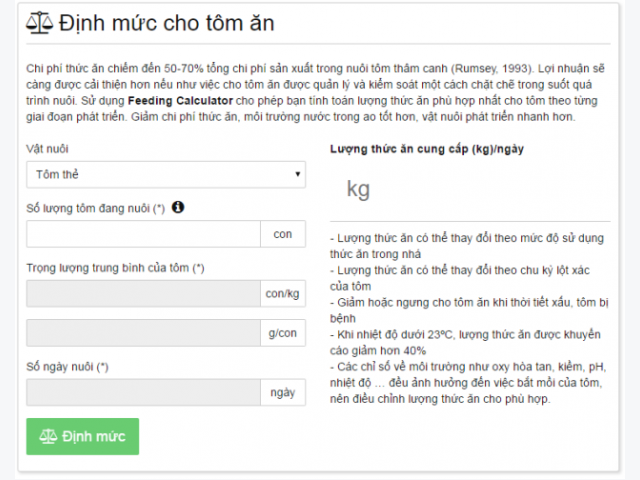 Feeding Calculator - Định mức cho tôm ăn